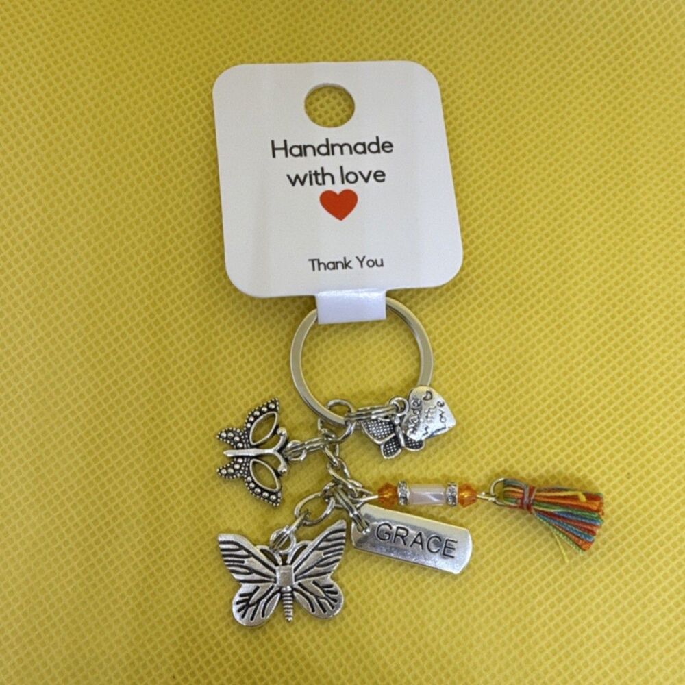 Handmade Butterfly Charm Keychain Grace Tag Tassel Detachable Metal Silver